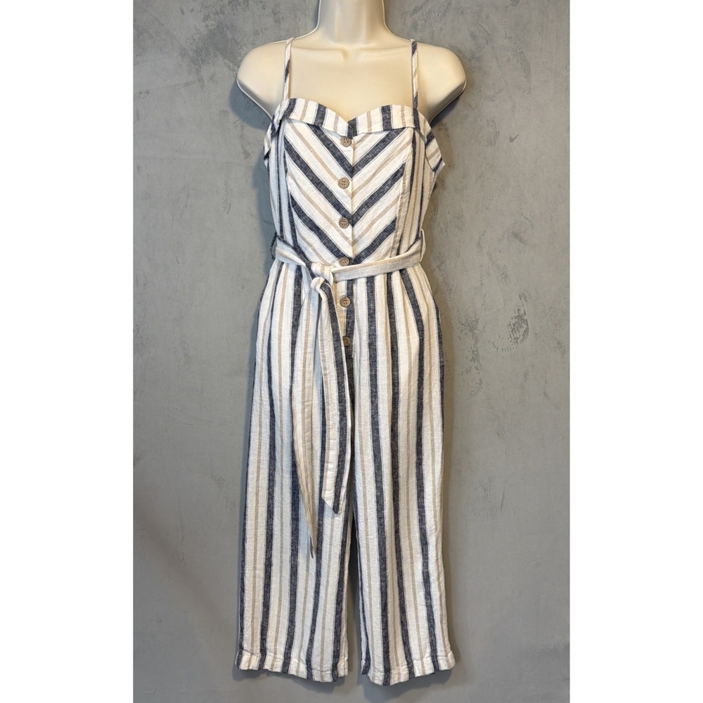 Love Tree Striped Linen Blend Jumpsuit Women's Small Belted Wide Leg